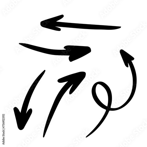 Flechas dibujadas a mano con rotulador, flechas simples aisladas sobre fondo blanco hechas con trazos sueltos, trazos reales y energicos. Iconos de flecha. Punta de flecha