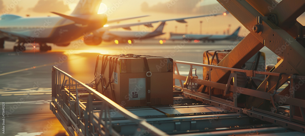 Fototapeta premium Loading luggage onto a cargo aircraft at the airport