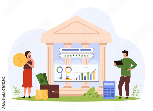 Financial management of family budget and expenses, payment planning and investment. Tiny people calculate money and profit, use information on charts of banking mobile app cartoon vector illustration