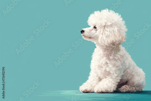 Cute white poodle puppy in the style of realistic animal portraits, simplified dog figures, vector illustration on blue background.