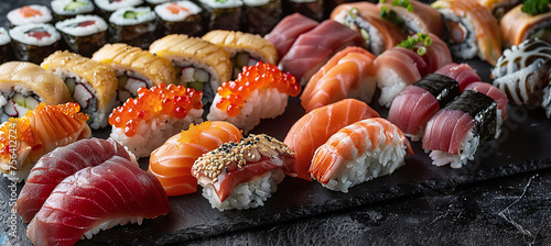 Assorted nigiri sushi and a large set of maki on slate. Variety of Japanese sushi with tuna and crab photo