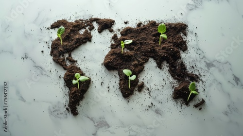World map created out of a soil, with seedlings beginning to grow
