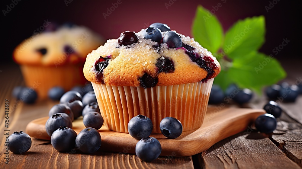 Tasty cupcake muffin with fresh blueberry fruits on wooden table. Dark food photography background. Tasty cupcake muffin with fresh blueberry fruits on wooden table. Dark food photography background.