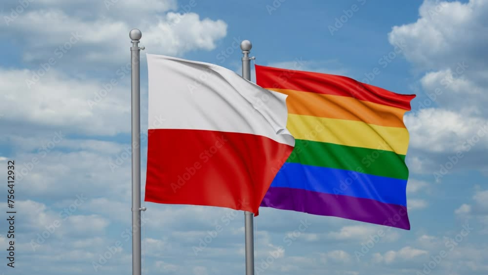 LGBT movement flag also Gay Pride and Poland two flags waving cycle looped video, tolerance conception in country LGBT movement flag also Gay Pride and Poland two flags waving cycle looped video, tolerance conception in country