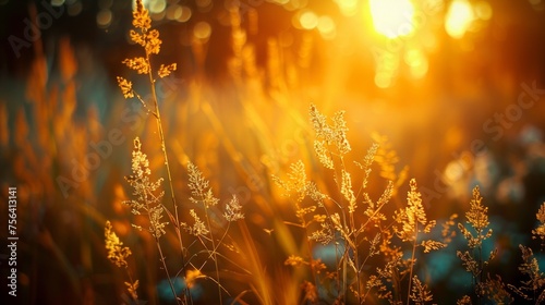 Backlit wild grass in a forest at sunset, abstract summer scene with vintage warmth. #756413141