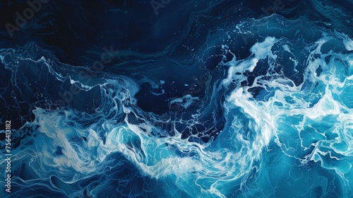 Painting of Blue and White Waves on a Black Background