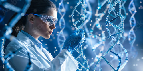 A focused female scientist in a lab coat holds a DNA strand model amidst digital representations
