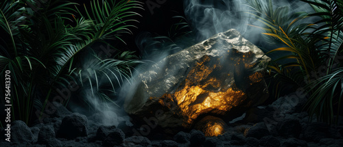 Big stone with gold, steam on dark jungle tropical leaves background. Mock up, display for product presentation. Lights, shadows effect. Generative AI