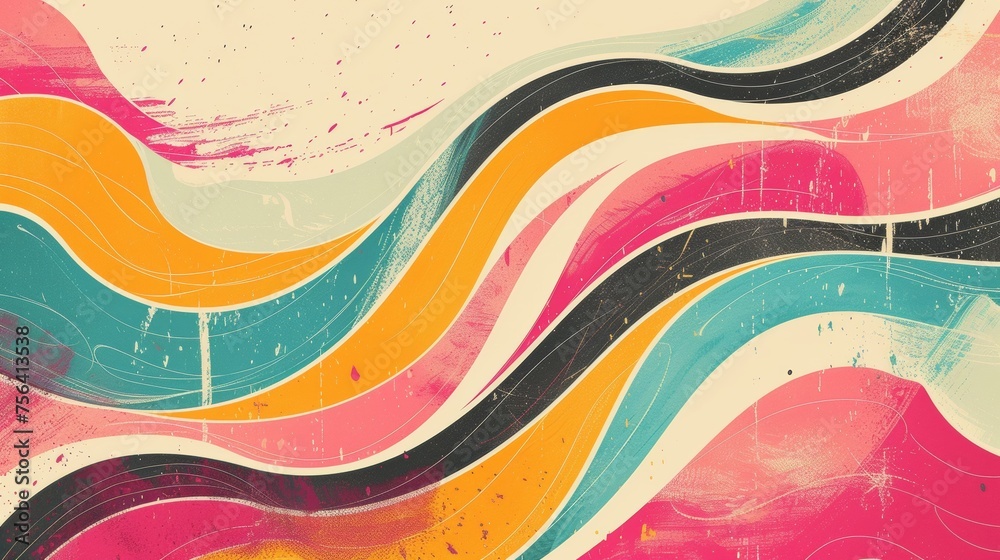 Obraz premium Abstract Painting With Wavy Lines in Pink, Blue, Yellow, and Green