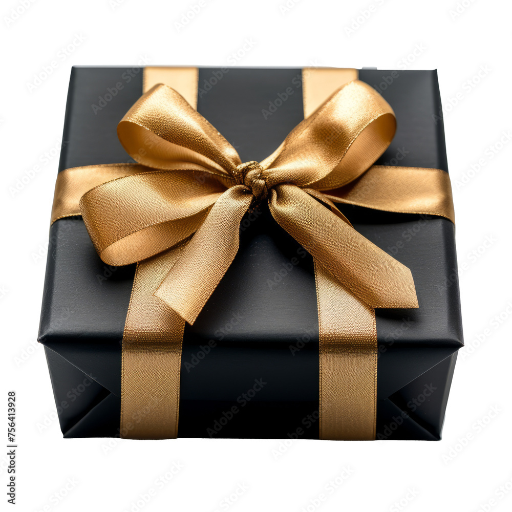 Christmas gift black box tied with gold ribbon. iisolated on transparent background With clipping path.3d render Christmas gift black box tied with gold ribbon. iisolated on transparent background With clipping path.3d render
