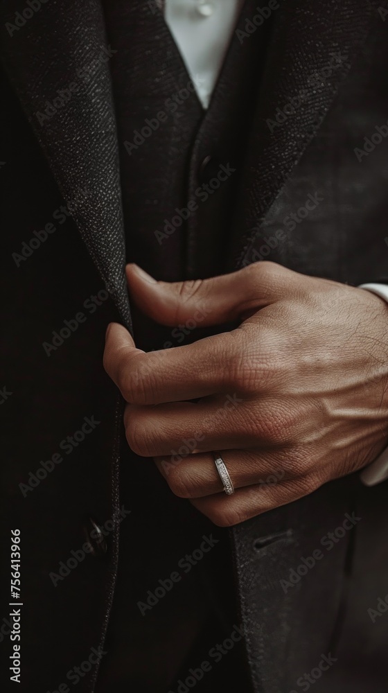 Groom's hand with wedding ring over formal attire.