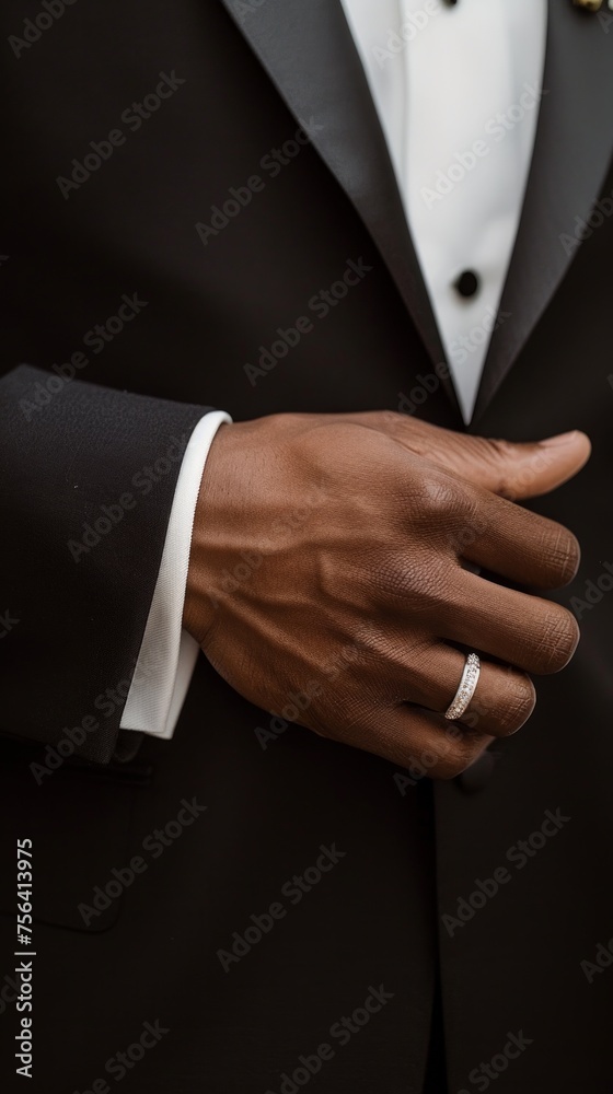 Groom's hand with wedding ring over formal attire.