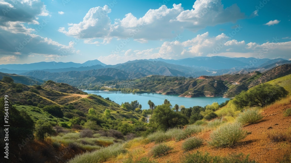 Naklejka premium Majestic View of Snow-Capped Mountains Surrounding a Serene Lake