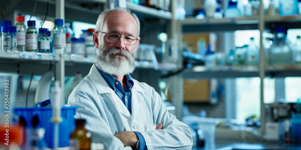 Elderly male scientist with a beard in a white lab coat confidently posing in a research laboratory Elderly male scientist with a beard in a white lab coat confidently posing in a research laboratory