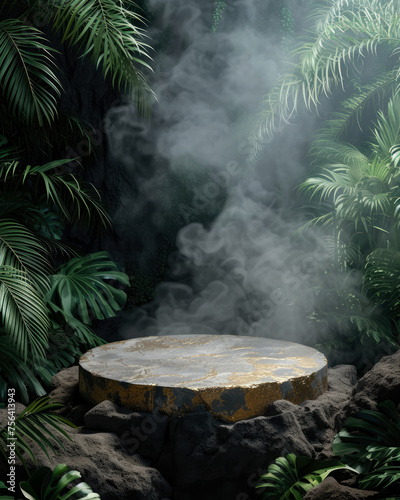Stone platform, podium with gold, steam or smoke, on dark jungle tropical leaves background. Layout, display for product presentation.Lights effect. Vertical wallpaper for social media. Generative ai