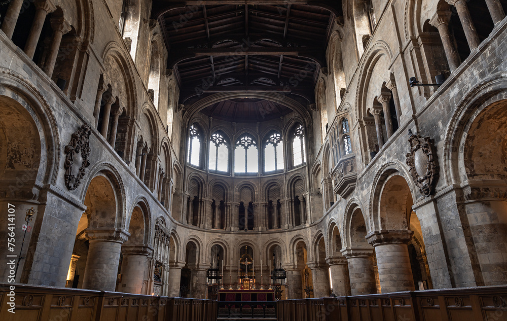 Interior view of The Church of St Bartholomew the Great in the City of London. Facing east, Space for text, Selective focus.