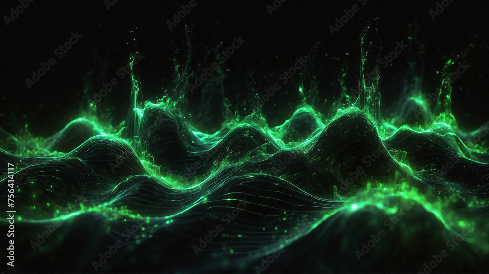 Abstract glowing green color, wavy water liquid shape, dark black background Abstract glowing green color, wavy water liquid shape, dark black background