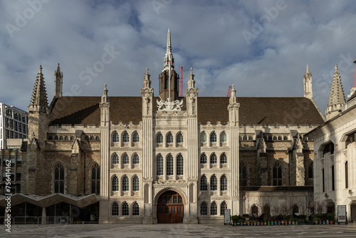 Guildhall complex with Guildhall and Guildhall Art Gallery in the City of London. London's town hall since the 12th century, Space for text, Selective focus.