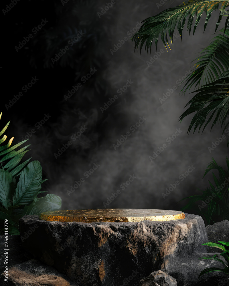 Stone platform, podium with gold, steam or smoke, on dark jungle tropical leaves background. Layout, display for product presentation.Lights effect. Vertical wallpaper for social media. Generative ai Stone platform, podium with gold, steam or smoke, on dark jungle tropical leaves background. Layout, display for product presentation.Lights effect. Vertical wallpaper for social media. Generative ai