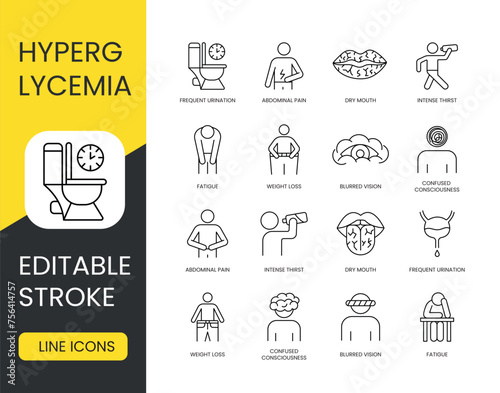 Diabetes symptoms set vector line icons with editable stroke Hyperglycemia, weight loss and abdominal pain, dry mouth and intense thirst, frequent urination and confused consciousness photo