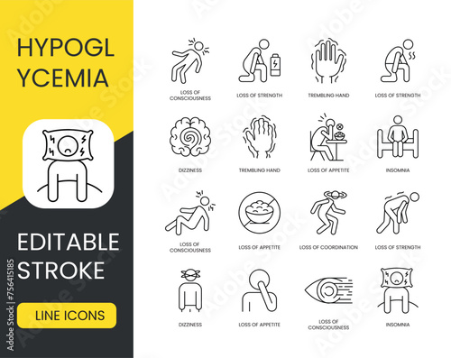 Diabetes symptom hypoglycemia, vector line icon set with editable stroke, loss of attention, diversion of attention, deficit and scatter and dispersion of attention, forgetfulness