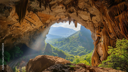 Beautiful cave with mountain view. 