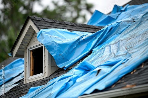 Storm damaged roof on house with a protective blue plastic tarp spread over hole in the shingles and rooftop