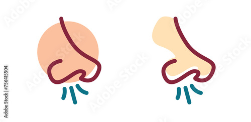 Breath smell sense nose icon vector graphic line art, sniff inhale stroke linear color outline symbol modern design, human nostril silhouette shape image clipart, runny nose or coryza rhinitis