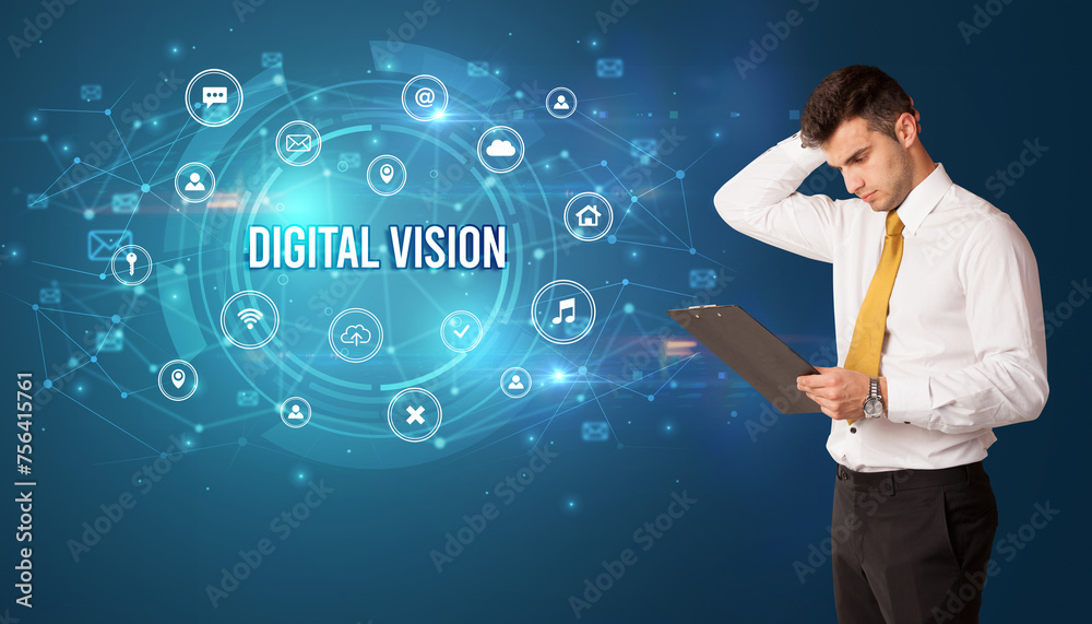Businessman thinking about modern technology Businessman thinking about modern technology