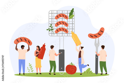 Cooking meat sausages on grill, BBQ food preparation. Tiny people holding raw sausages, bottle of mustard and ketchup, grill grate for grilling at summer picnic party cartoon vector illustration