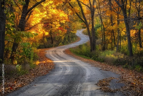 Sunlight through autumn foliage on trees highlighting gold, green, yellow and orange colors over winding country road surrounded by leaves on the ground in rural midwestern © Aliaksandr Siamko
