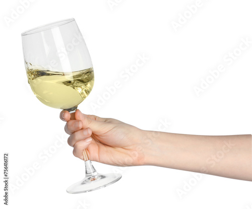 Woman with glass of wine isolated on white, closeup