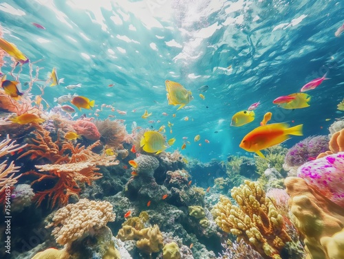 A colorful underwater scene with a variety of fish swimming around coral reefs.
