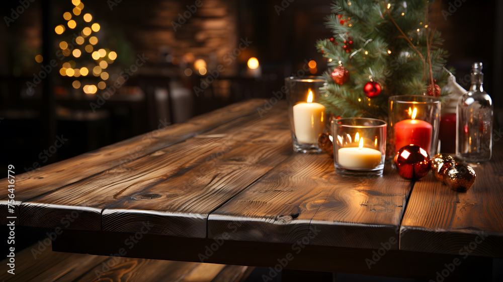 Decorated branches of Christmas tree on wooden table. Copy space, New Year holidays theme.