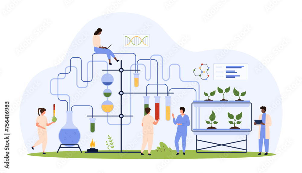 Research in biology, laboratory experiment on breeding, growing green plants. Tiny people grow leaf with scientific equipment, test tube systems with chemical liquids cartoon vector illustration