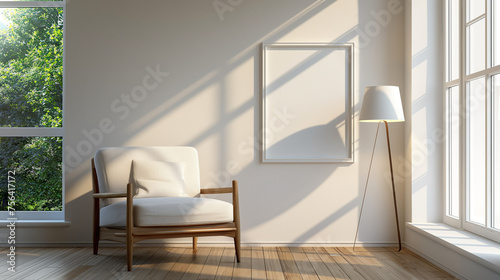 a cozy armchair in the corner of a living room with large windows. a floor lamp stands next to the armchair and casts a warm light into the room. it's great summer weather outside with bright sunshine