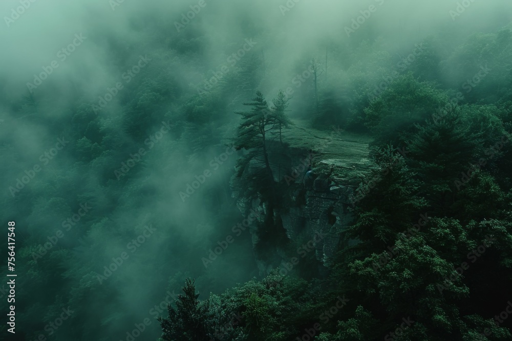 A terrifying forest edge in dark green shades and fog.
