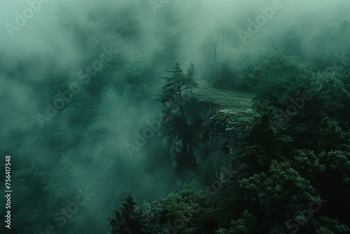 A terrifying forest edge in dark green shades and fog.