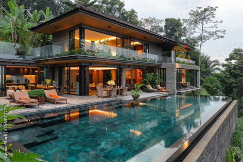 Concept of a modern Balinese glass villa with a swimming pool. View from a distance from above. Against the backdrop of rice terraces. © artdolgov