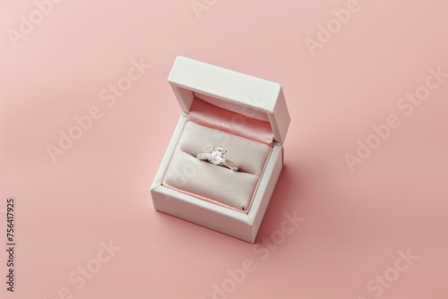 Isolated box with engagement ring on pink background, top side view, distant shot.