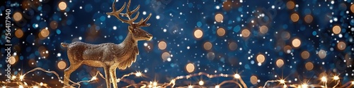 Twinkling fairy lights weave their magic around a majestic reindeer figurine, set against a backdrop of deep indigo, evoking the enchantment of a starry winter night with space for your text.