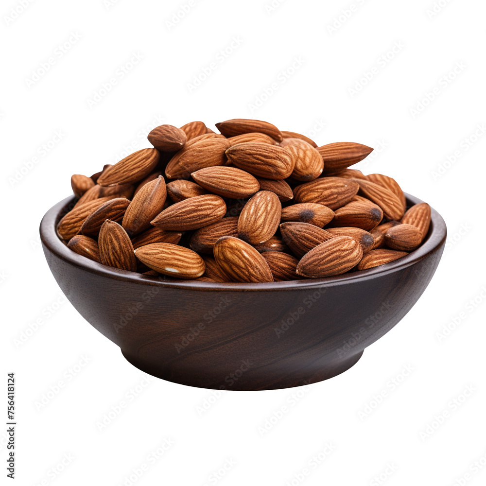 almonds in an old black bowl isolated on transparent background almonds in an old black bowl isolated on transparent background
