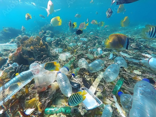 Fish swimming amidst plastic bottles and trash in a polluted coral reef ecosystem.