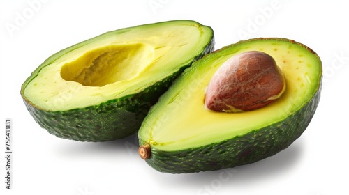 One green avocado cut in half isolated on a white background without shadows, with a clear outline.