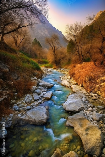 a serene stream flowing through a rocky landscape, surrounded by bare trees and illuminated by soft, golden light. It evokes a sense of tranquility