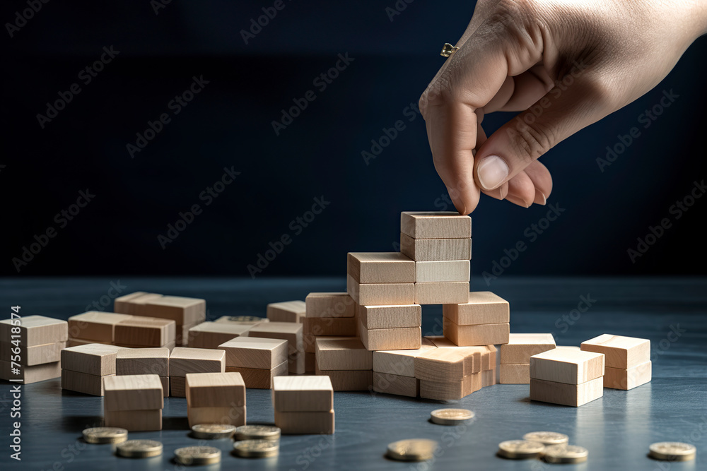 hand stacking wooden blocks amidst scattered coins, symbolizing financial growth or investment. It suggests strategic planning. hand stacking wooden blocks amidst scattered coins, symbolizing financial growth or investment. It suggests strategic planning.