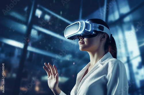 woman wearing a virtual reality headset is looking at a computer screen. Concept of immersion and excitement, as the woman is fully engaged in the virtual world