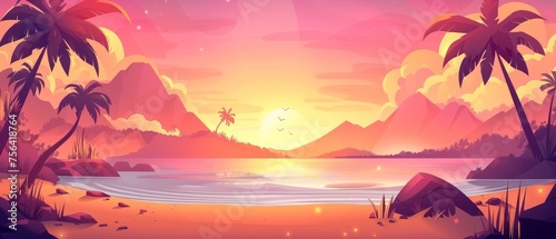 Sunset beach scene with calm water  palm trees on shore  rocks and mountains  a pink and yellow gradient sky with clouds and sunlight. Cartoon modern summer evening scene.