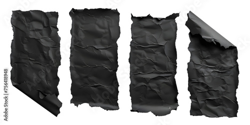 Collection of black paper ripped messages torn with copy space, ripped kraft paper wallpaper, and black wrapping vintage paper isolated top view, isolated on white or transparent background  photo