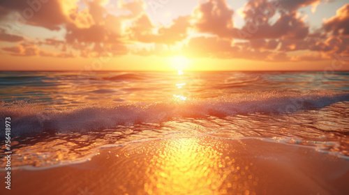 Gentle waves on a beach at sunset, with the sun casting a golden glow on the water.